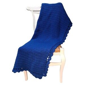Vtg Royal Blue Scalloped Edge HANDMADE CROCHET Afghan Throw Blanket SOFT 44"X52"